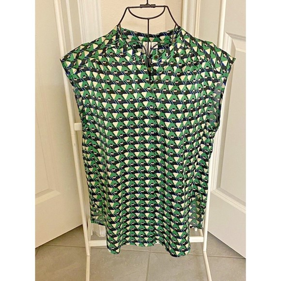 Joie Womens Green Geometric‎ Sleeveless Blouse NWT High Neckline Hidden Placket - Picture 1 of 6